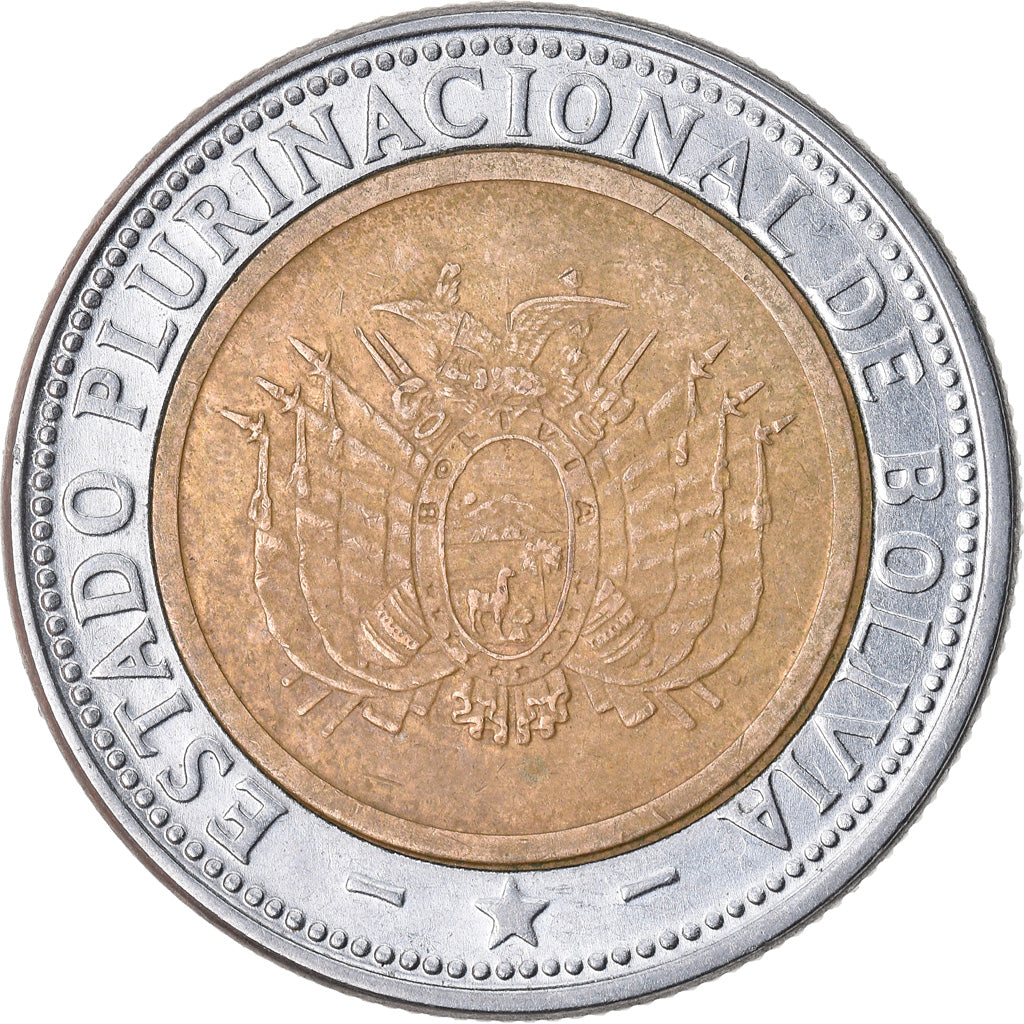 Moneda, Bolivia, 5 Bolivianos, 2010, MBC, Bimetálico, KM:219