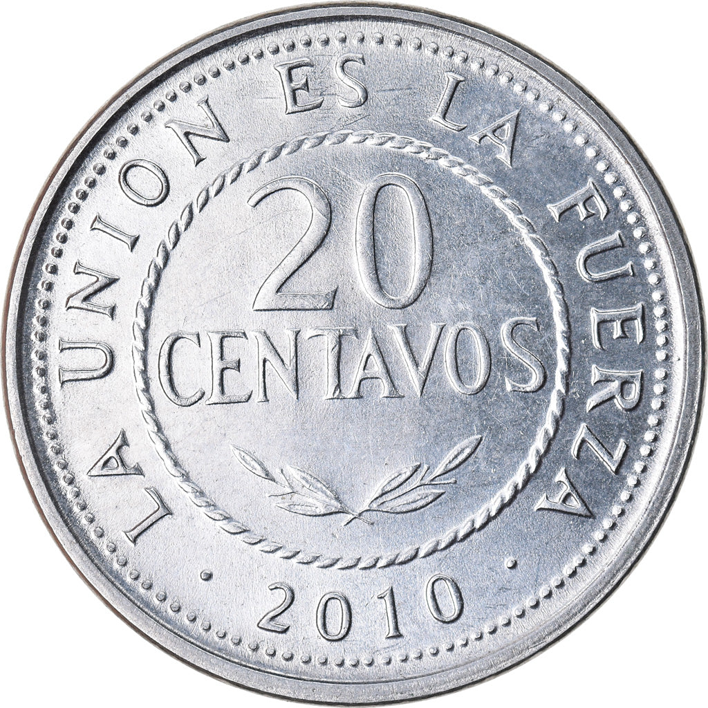 Coin, Bolivia, 20 Centavos, 2010, EF(40-45), Stainless Steel, KM:215