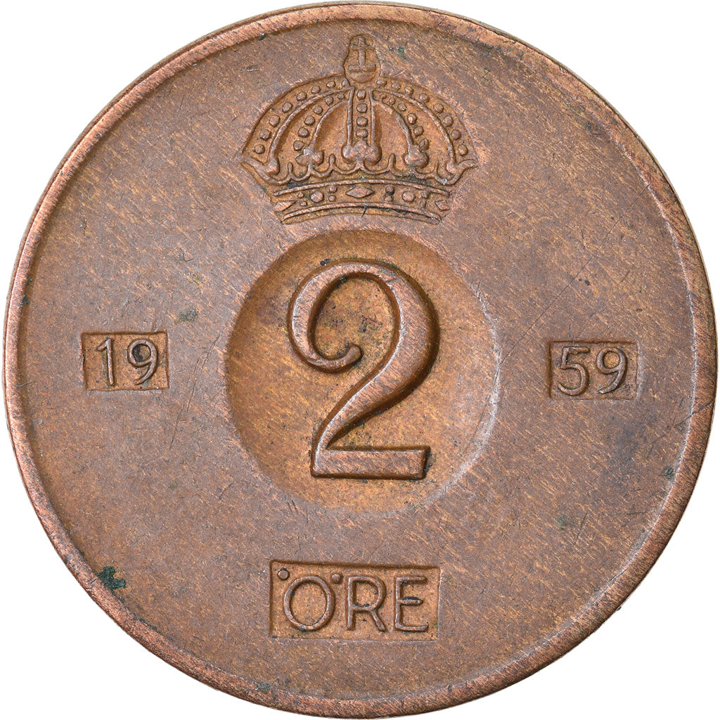 Moneta, Svezia, Gustaf VI, 2 Öre, 1959, BB, Bronzo, KM:821