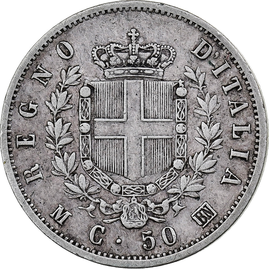 Italia, Vittorio Emanuele II, 50 Centesimi, 1863, Milan, Plata, BC+