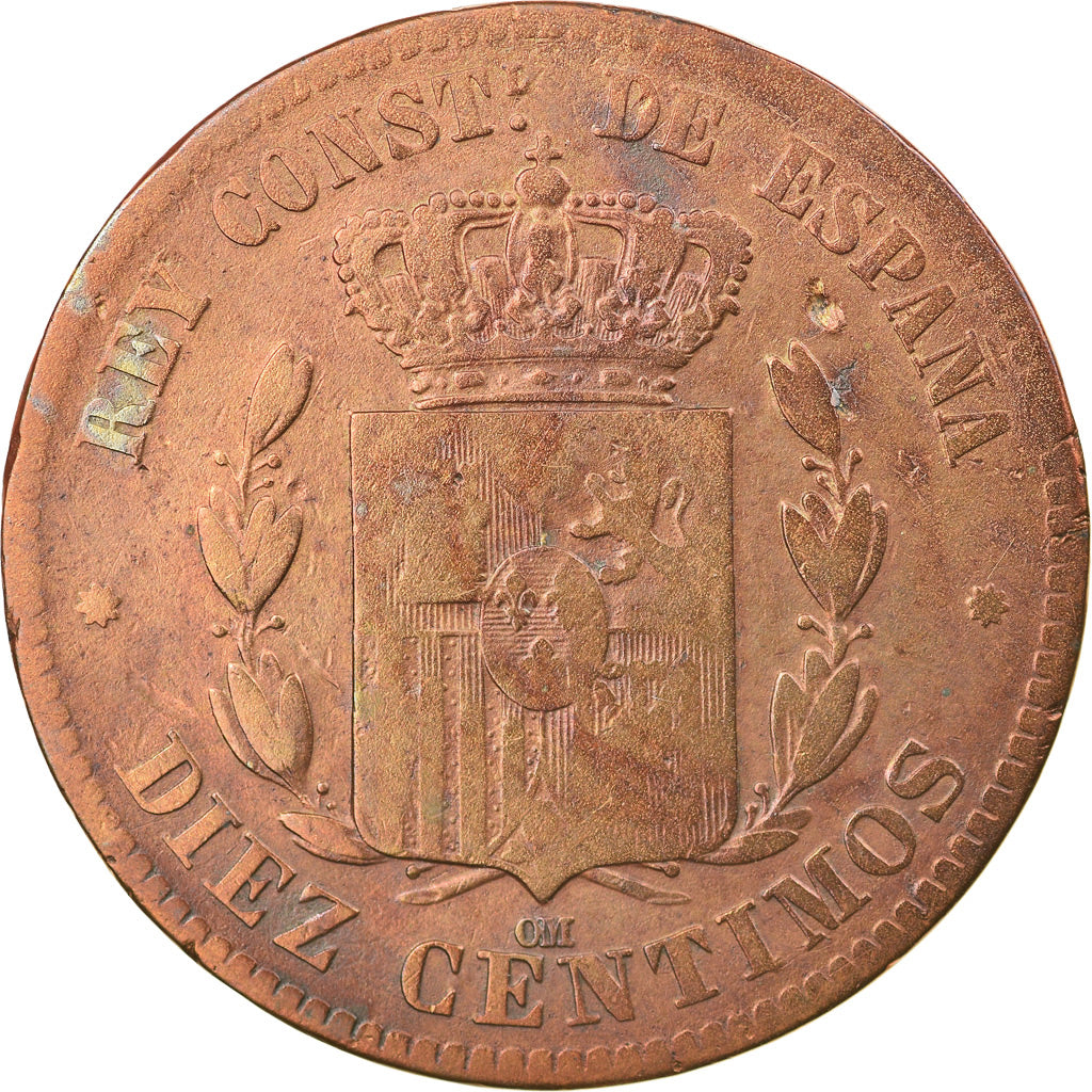 Munten, Spanje, Alfonso XII, 10 Centimos, 1879, FR+, Bronze, KM:675