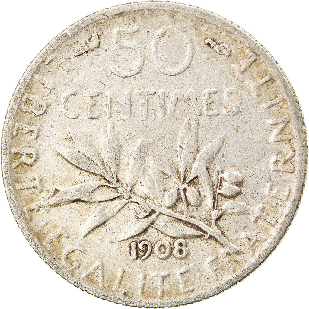 Moneta, Francja, Semeuse, 50 Centimes, 1908, Paris, EF(40-45), Srebro, KM:854