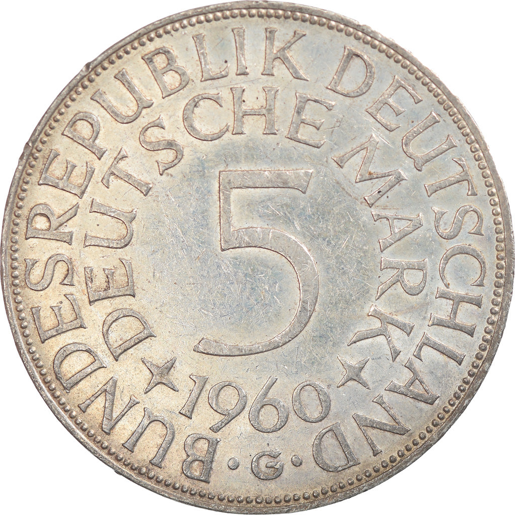 Coin, GERMANY - FEDERAL REPUBLIC, 5 Mark, 1960, Karlsruhe, EF(40-45), Silver