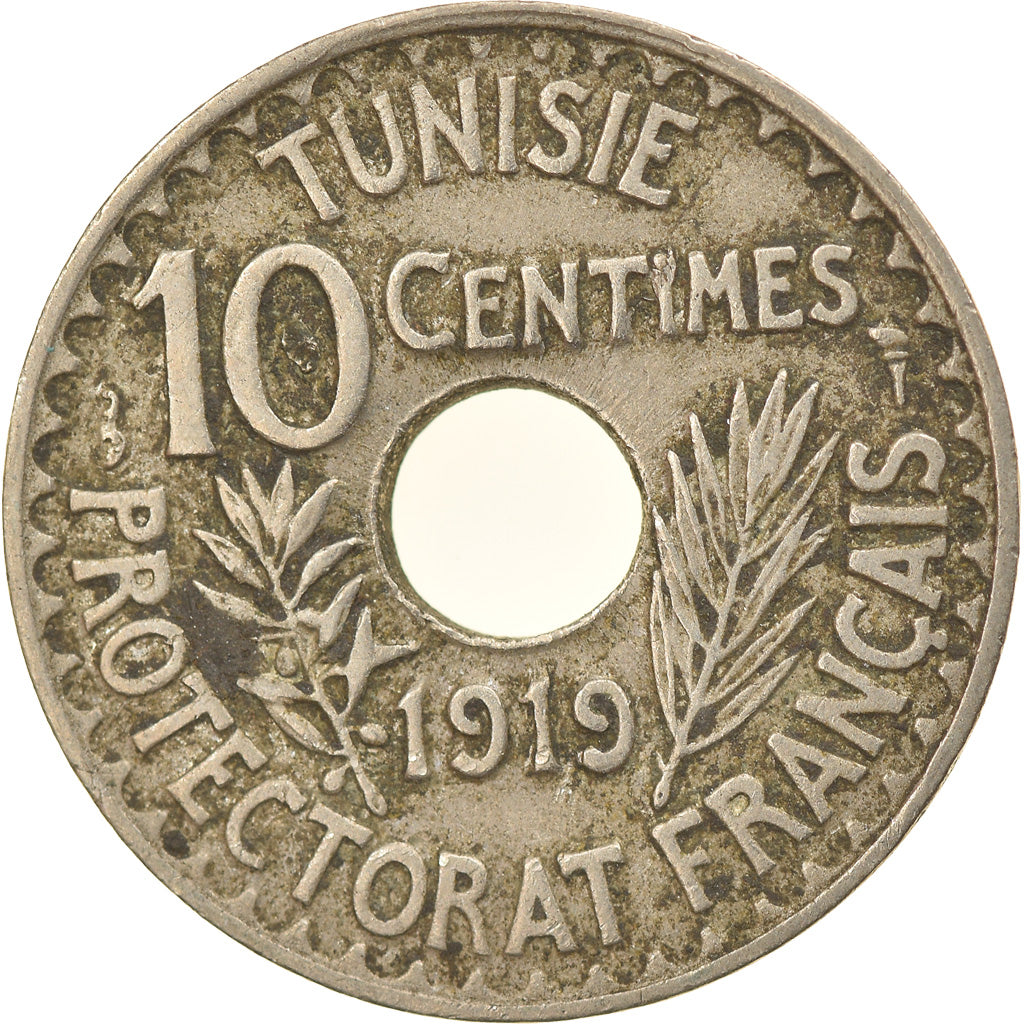Moneta, Tunisia, Muhammad al-Nasir Bey, 10 Centimes, 1919, Paris, VF(30-35)