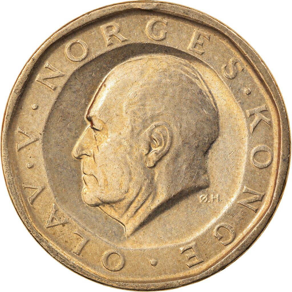 Moneda, Noruega, Olav V, 10 Kroner, 1987, MBC, Níquel - latón, KM:427