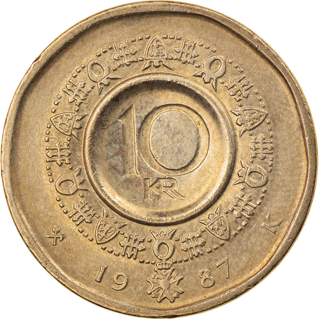 Moneda, Noruega, Olav V, 10 Kroner, 1987, MBC, Níquel - latón, KM:427