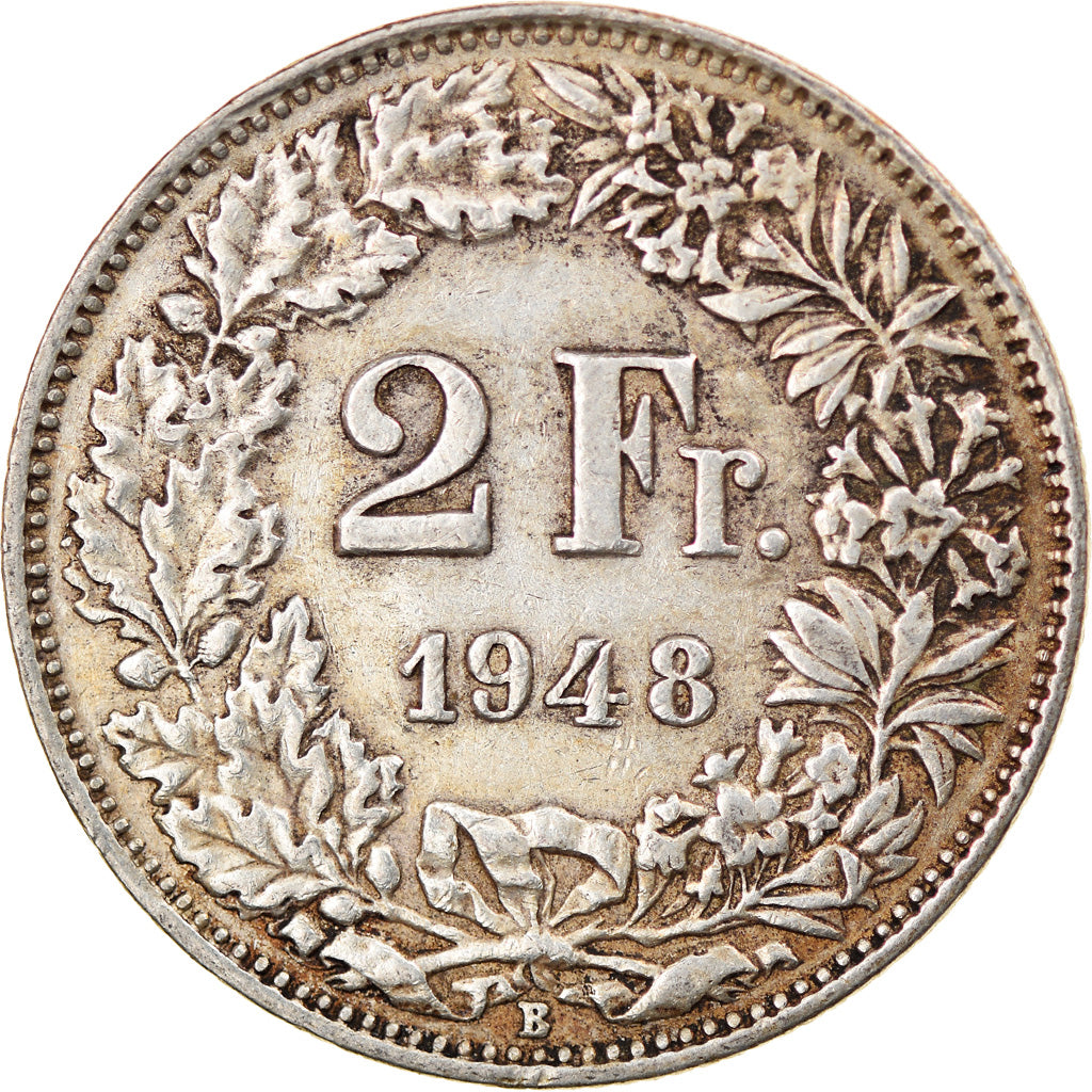 Coin, Switzerland, 2 Francs, 1948, Bern, VF(30-35), Silver, KM:21