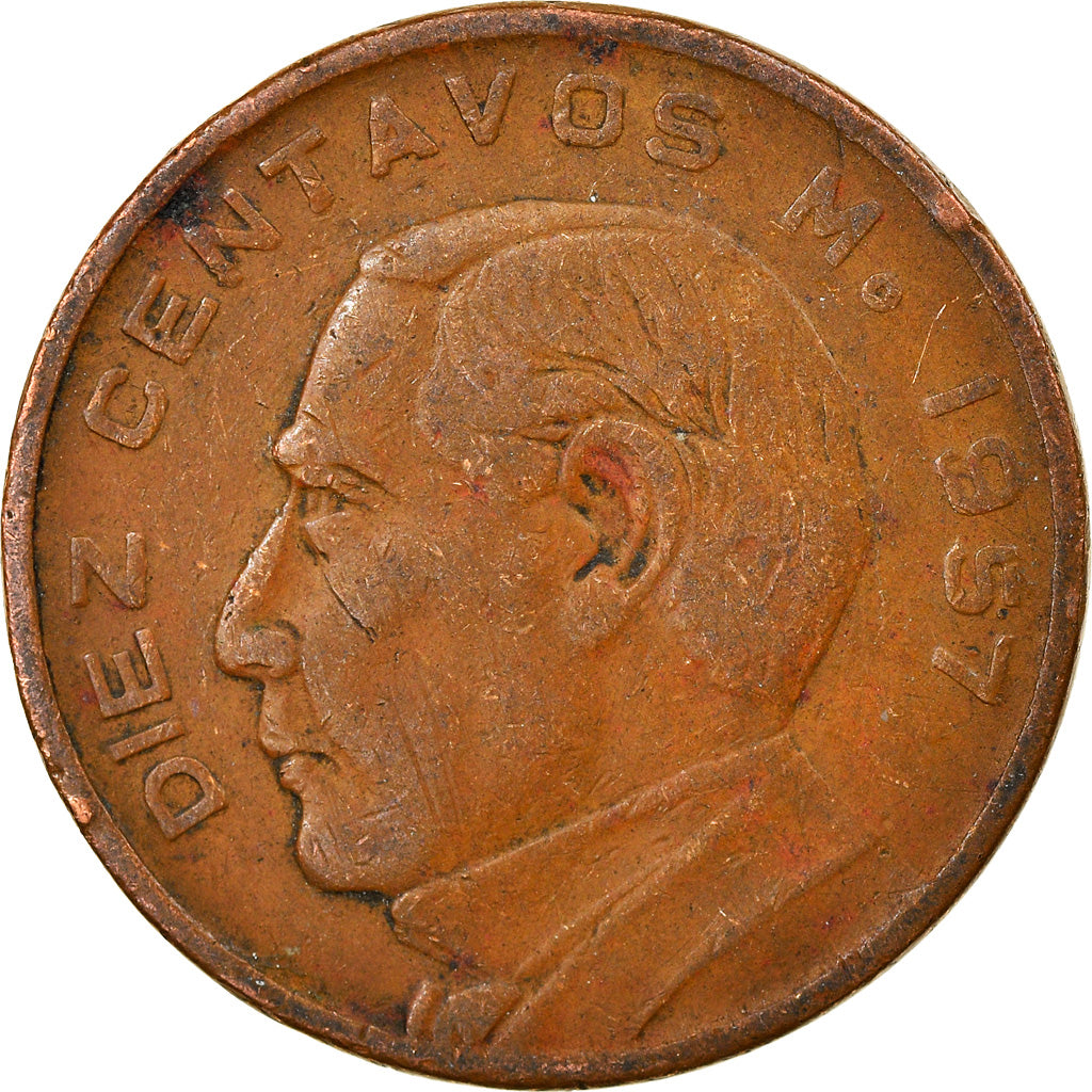 Moneta, Messico, 10 Centavos, 1957, Mexico City, MB+, Bronzo, KM:433