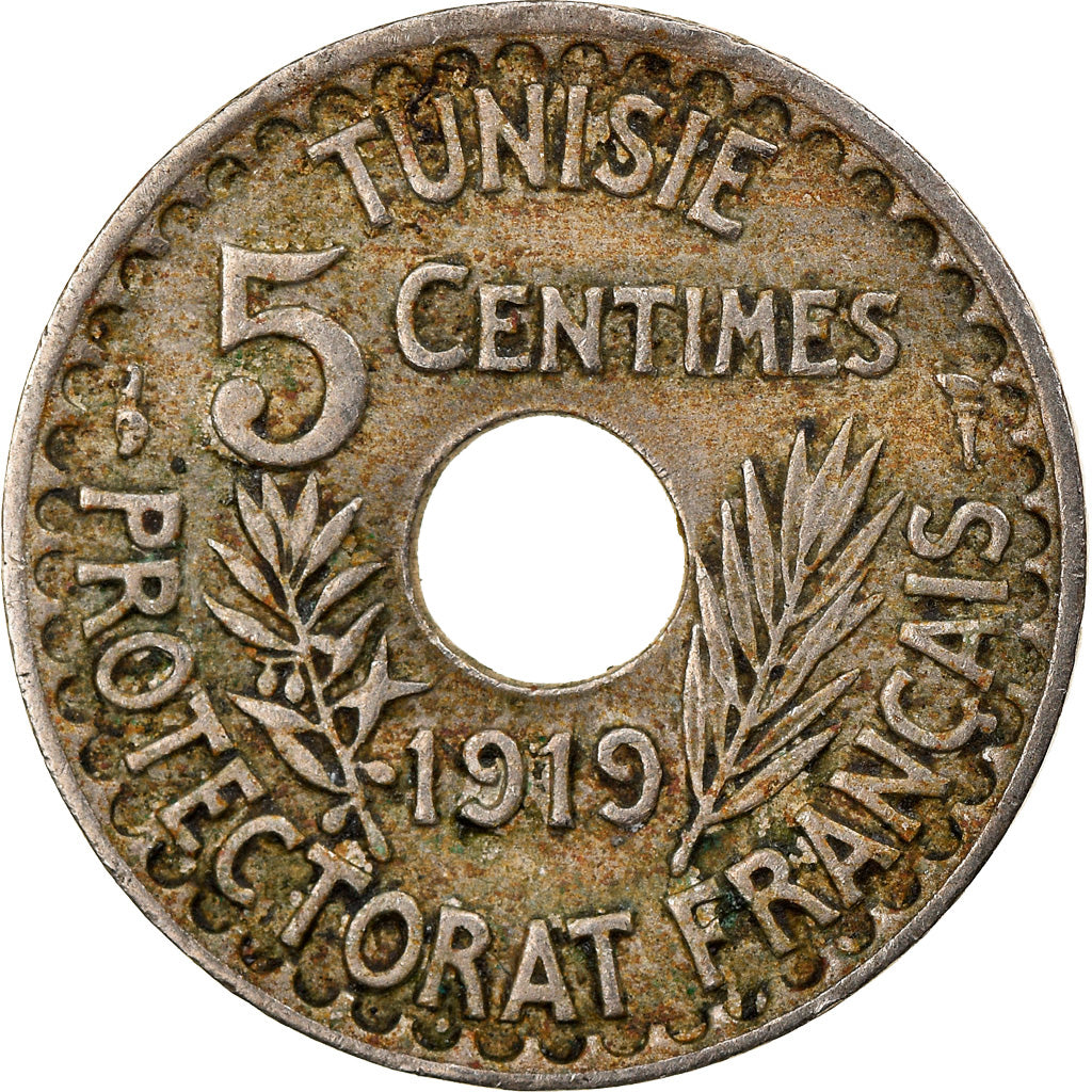 Moneda, Túnez, Muhammad al-Nasir Bey, 5 Centimes, 1919, Paris, BC+, Níquel -