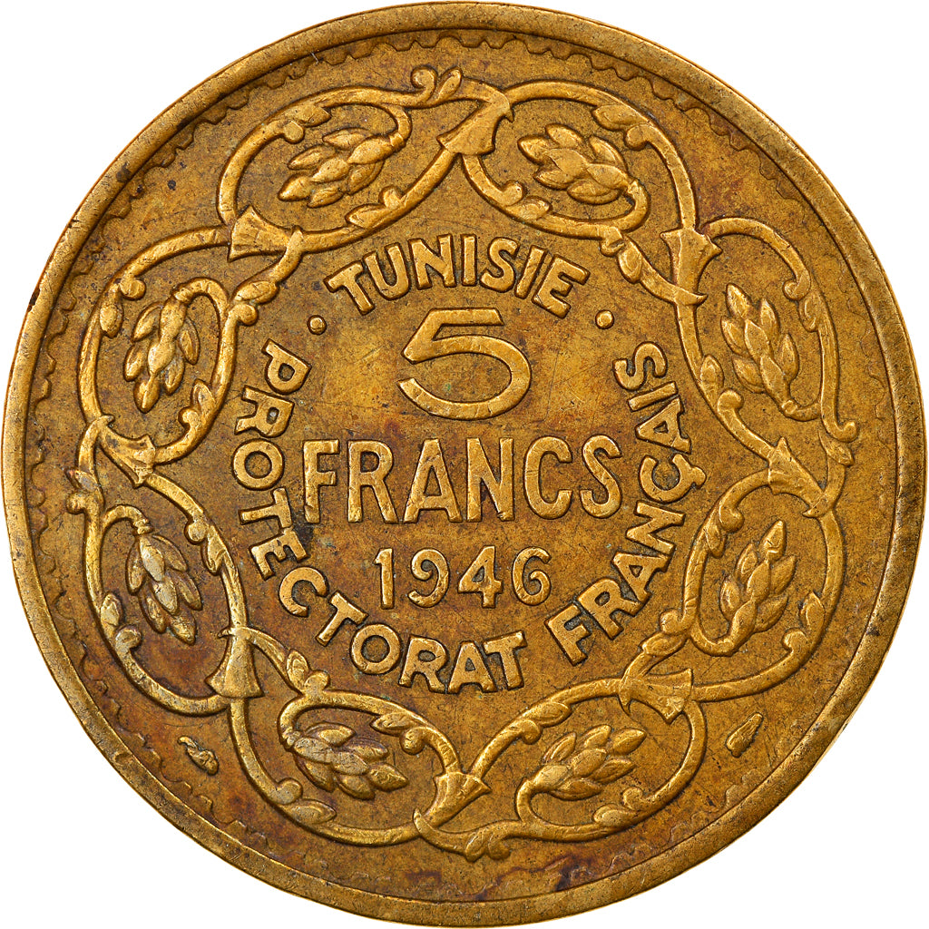 Moneda, Túnez, Muhammad al-Amin Bey, 5 Francs, 1946, Paris, BC+, Aluminio -