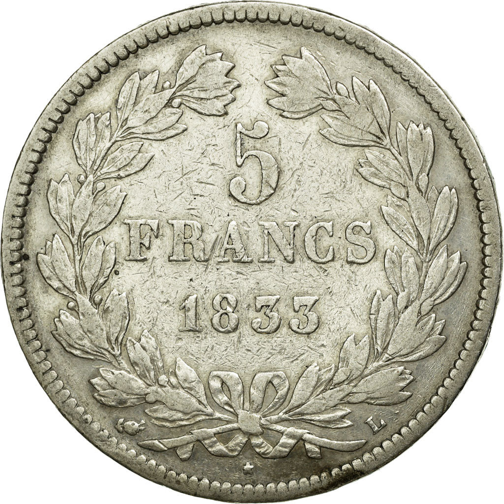 Coin, France, Louis-Philippe, 5 Francs, 1833, Lyon, VF(30-35), Silver, KM:749.4