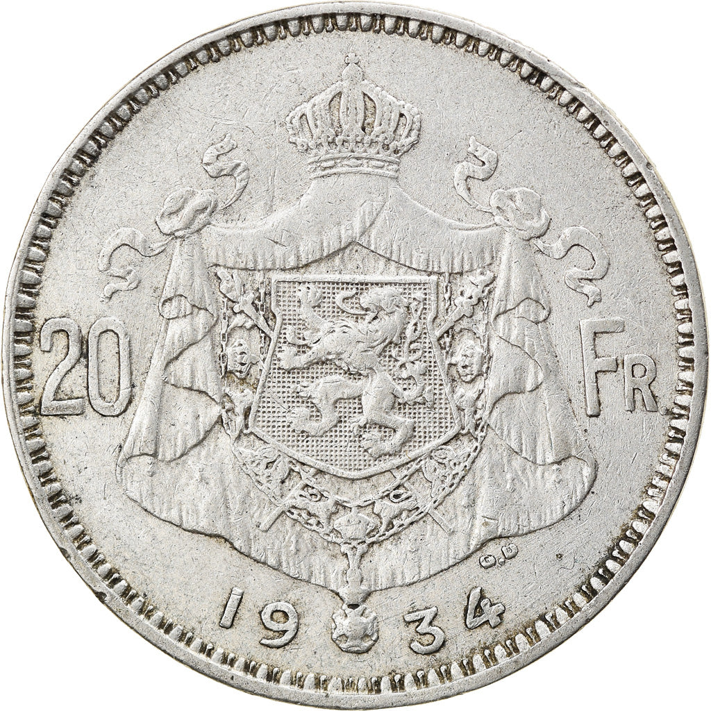 Coin, Belgium, 20 Francs, 20 Frank, 1934, VF(30-35), Silver, KM:103.1