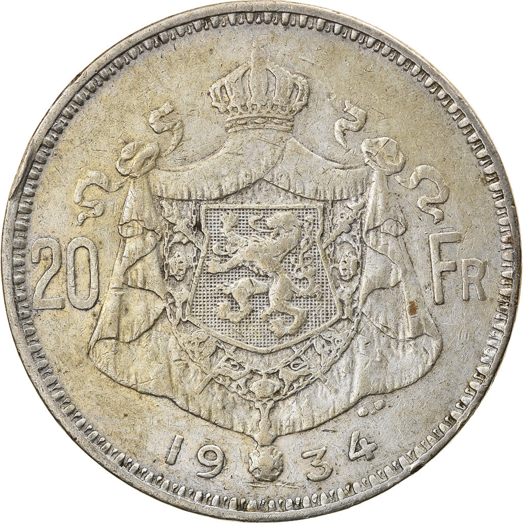 Coin, Belgium, 20 Francs, 20 Frank, 1934, VF(30-35), Silver, KM:103.1