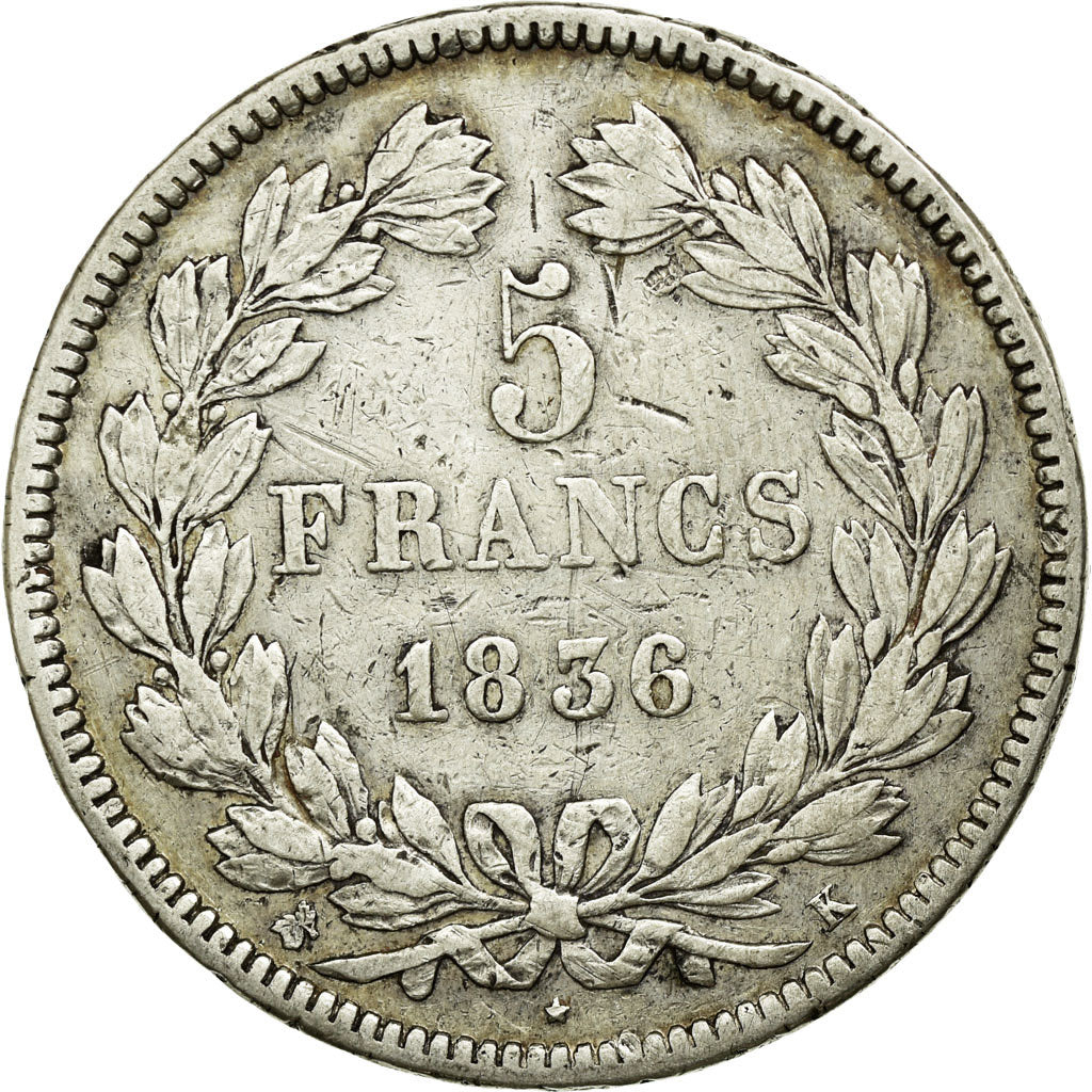 Coin, France, Louis-Philippe, 5 Francs, 1836, Rouen, VF(20-25), Silver