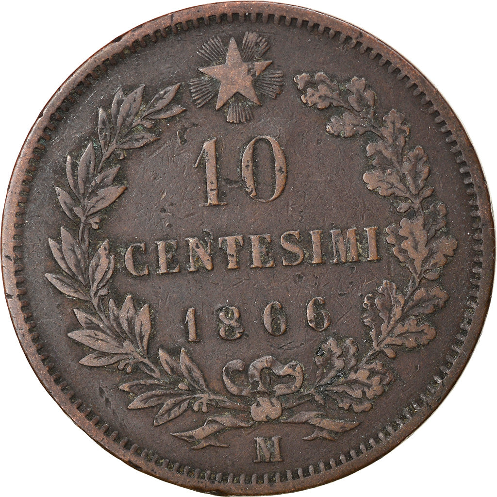 Coin, Italy, Vittorio Emanuele II, 10 Centesimi, 1866, Milan, VF(30-35), Copper