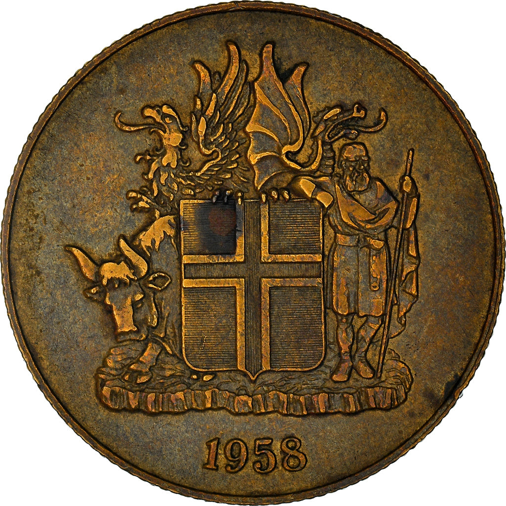 Moneda, Islandia, 2 Kronur, 1958, BC+, Níquel - latón, KM:13a.1