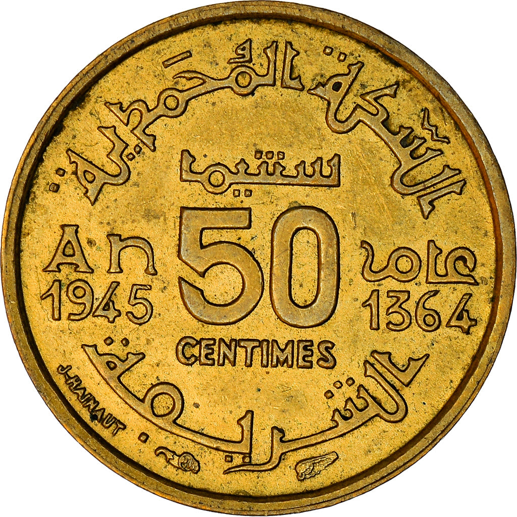 Coin, Morocco, Mohammed V, 50 Centimes, 1945, Paris, EF(40-45), Aluminum-Bronze