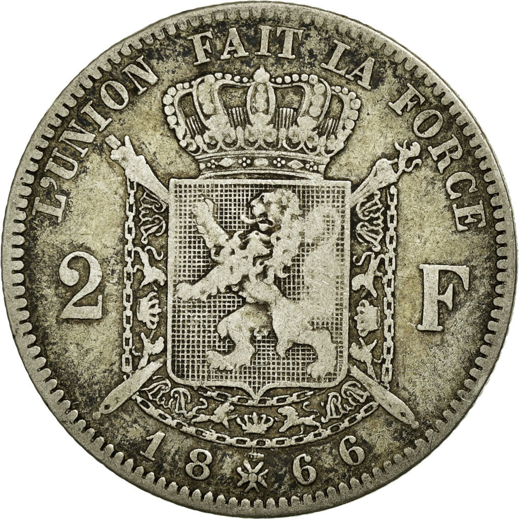 Moneta, Belgia, Leopold II, 2 Francs, 2 Frank, 1866, VF(30-35), Srebro, KM:30.1