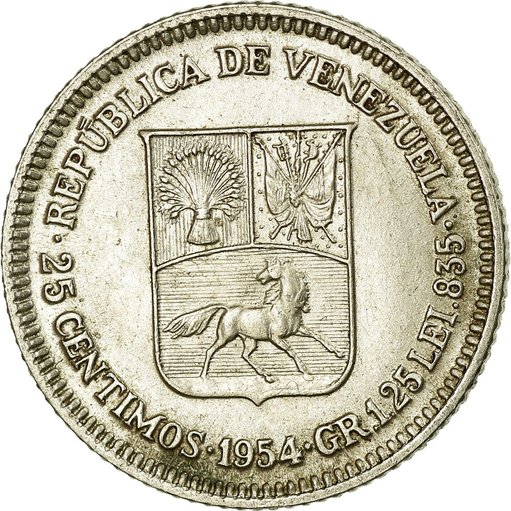 Moeda, Venezuela, 25 Centimos, 1954, EF(40-45), Prata, KM:35