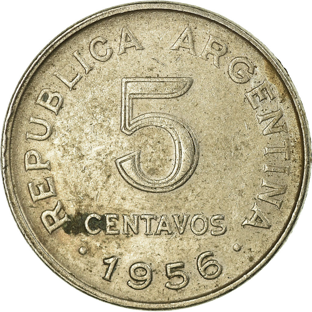 Moeda, Argentina, 5 Centavos, 1956, EF(40-45), Aço Revestido a Cobre-Níquel