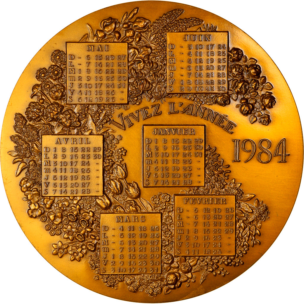 France, Medal, Calendrier, Vivez l'Année avec les Fleurs, 1984, MS(64), Gilt