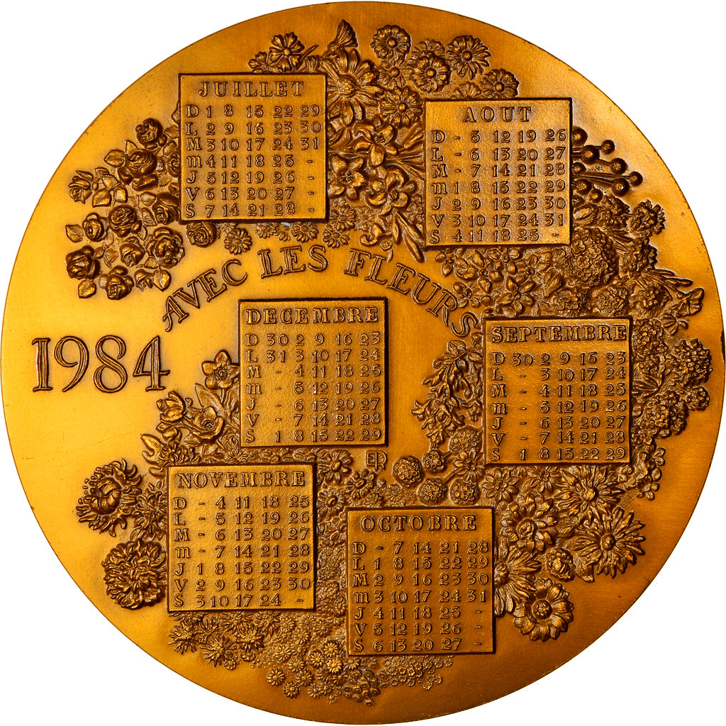 France, Medal, Calendrier, Vivez l'Année avec les Fleurs, 1984, MS(64), Gilt