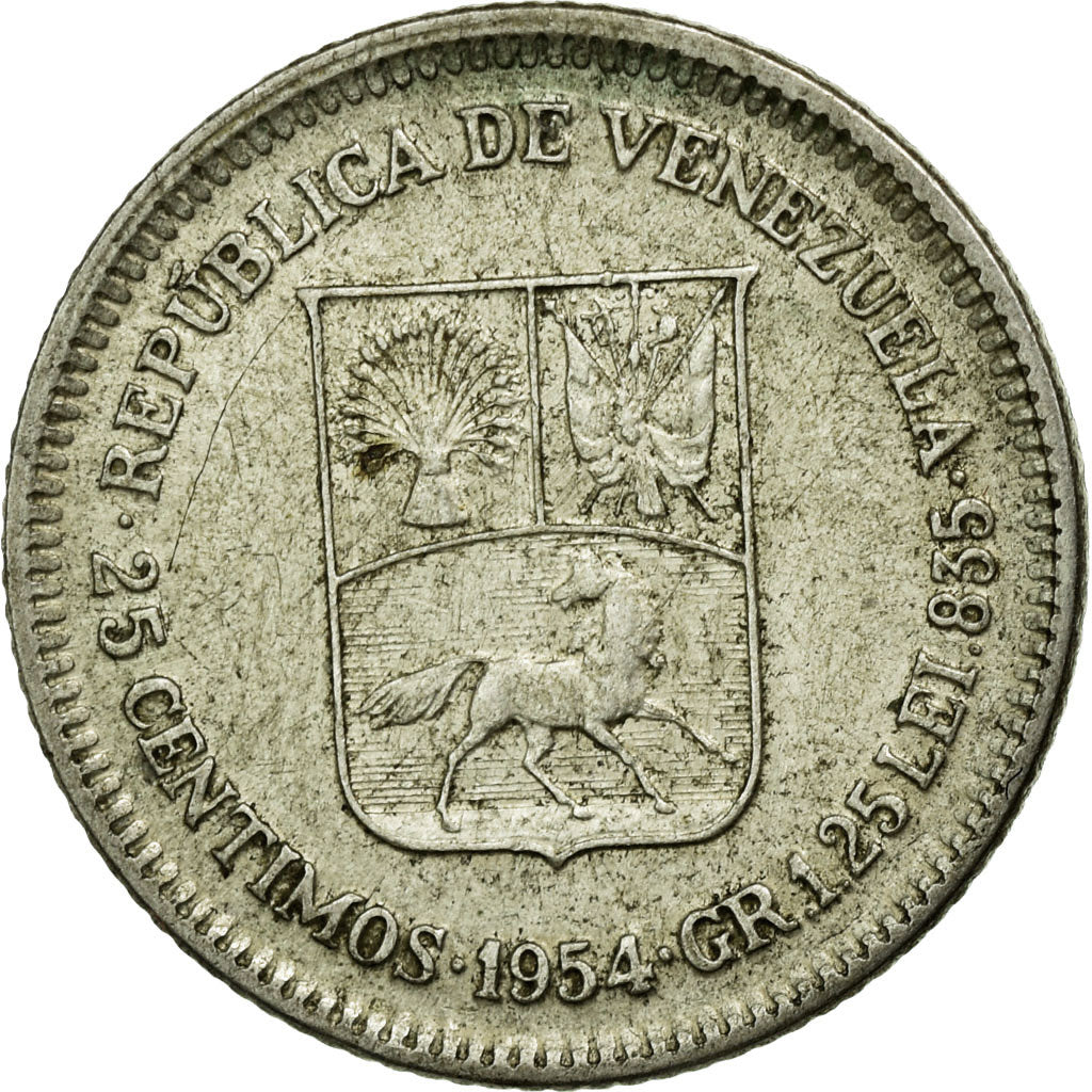 Münze, Venezuela, 25 Centimos, 1954, VZ, Silber, KM:35