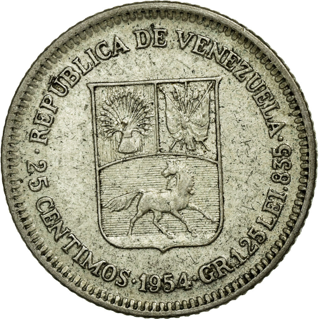 Moneda, Venezuela, 25 Centimos, 1954, MBC, Plata, KM:35