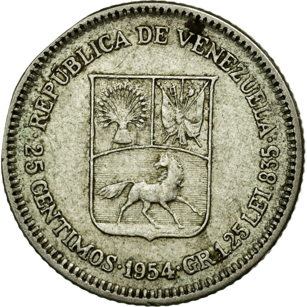 Coin, Venezuela, 25 Centimos, 1954, EF(40-45), Silver, KM:35