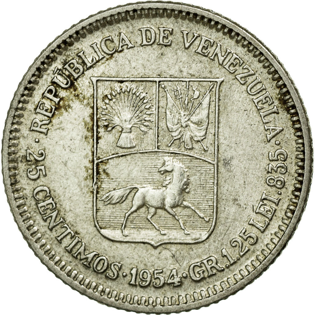 Coin, Venezuela, 25 Centimos, 1954, EF(40-45), Silver, KM:35