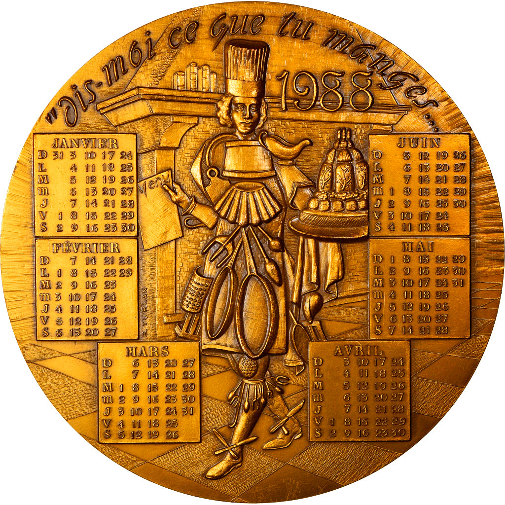France, Médaille, Calendrier, Cuisine, 1988, Brillat-Savarin, FDC, Bronze