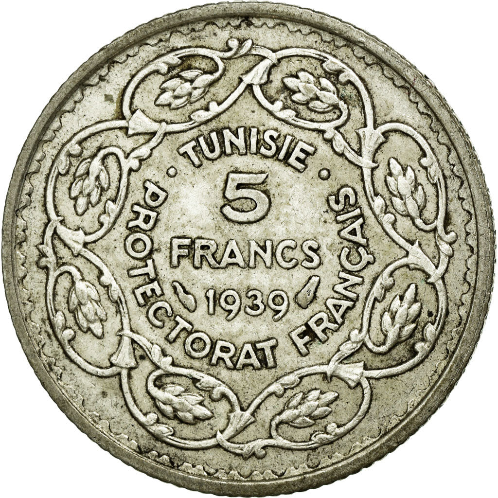 Coin, Tunisia, Ahmad Pasha Bey, 5 Francs, 1939, Paris, AU(55-58), Silver, KM:264