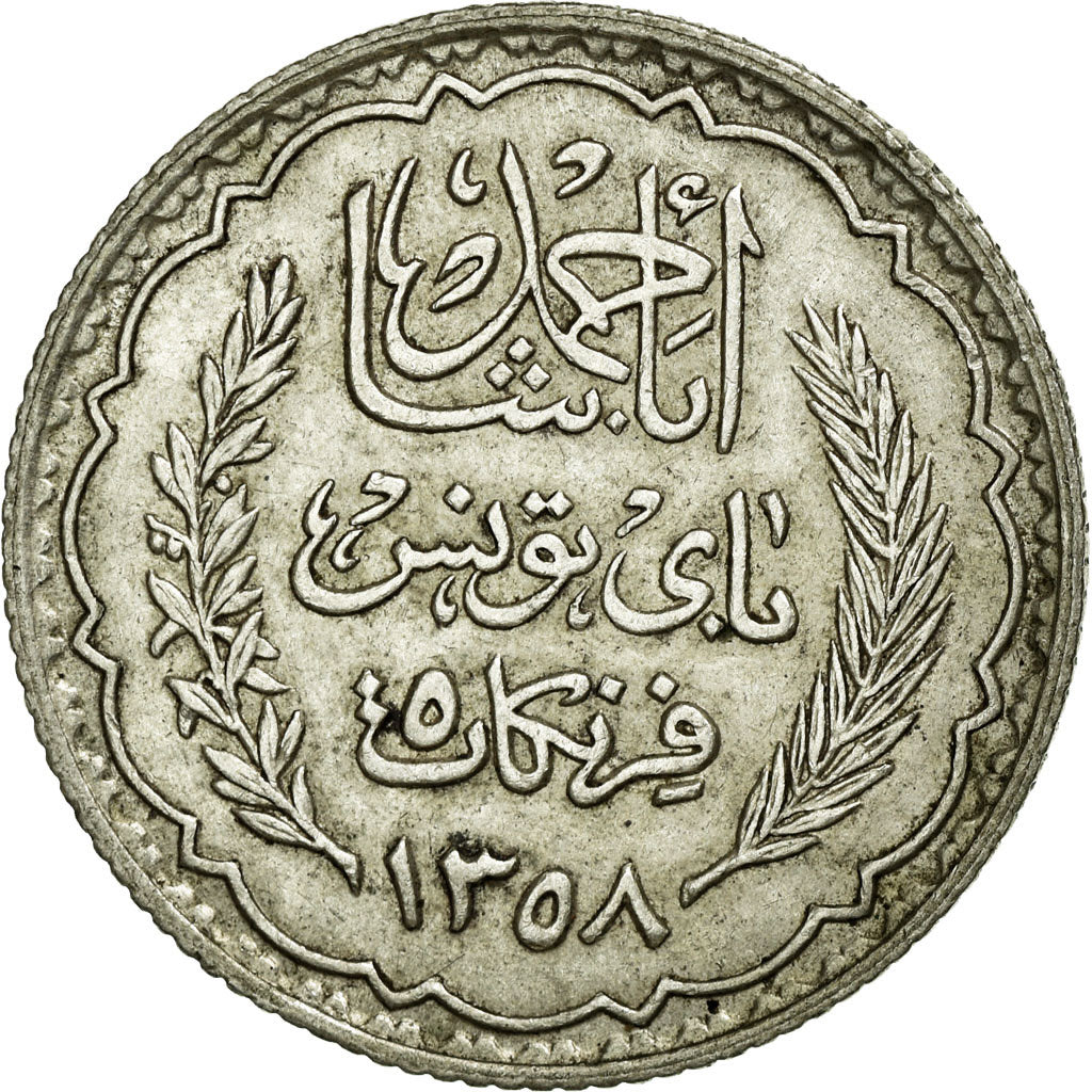 Coin, Tunisia, Ahmad Pasha Bey, 5 Francs, 1939, Paris, AU(55-58), Silver, KM:264