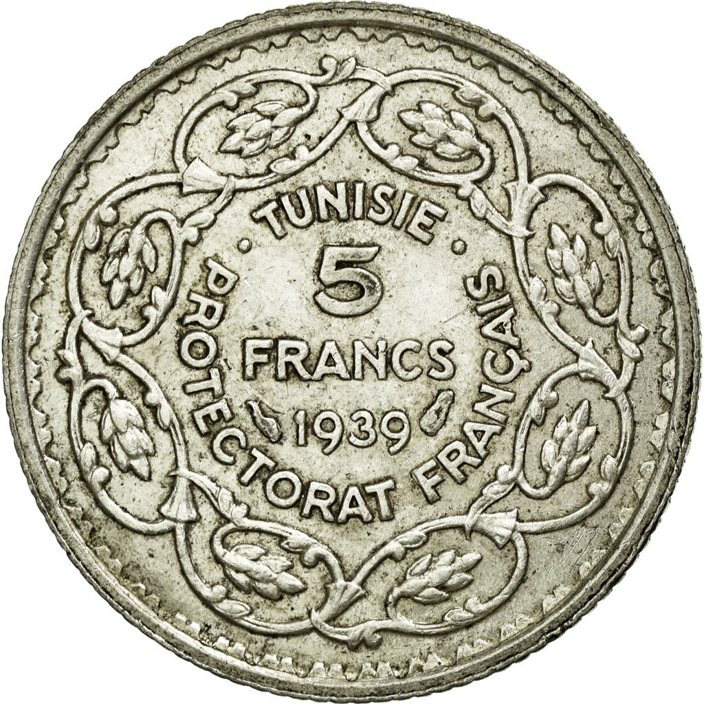 Coin, Tunisia, Ahmad Pasha Bey, 5 Francs, 1939, Paris, AU(55-58), Silver, KM:264
