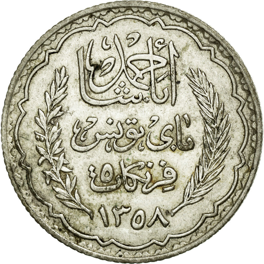 Coin, Tunisia, Ahmad Pasha Bey, 5 Francs, 1939, Paris, MS(60-62), Silver, KM:264