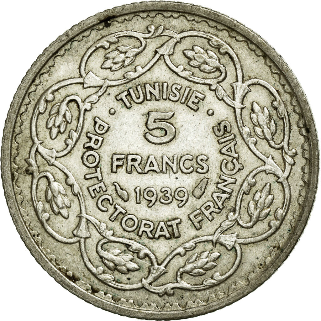 Coin, Tunisia, Ahmad Pasha Bey, 5 Francs, 1939, Paris, MS(60-62), Silver, KM:264