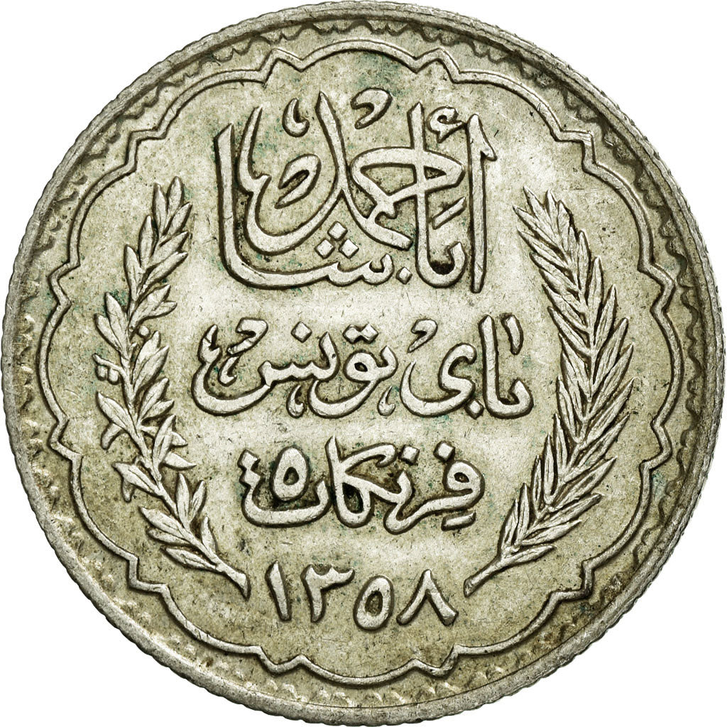 Coin, Tunisia, Ahmad Pasha Bey, 5 Francs, 1939, Paris, MS(60-62), Silver, KM:264