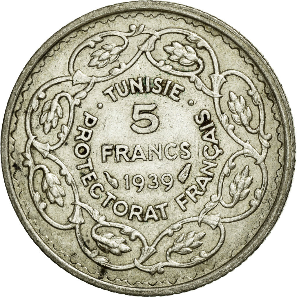 Coin, Tunisia, Ahmad Pasha Bey, 5 Francs, 1939, Paris, MS(60-62), Silver, KM:264