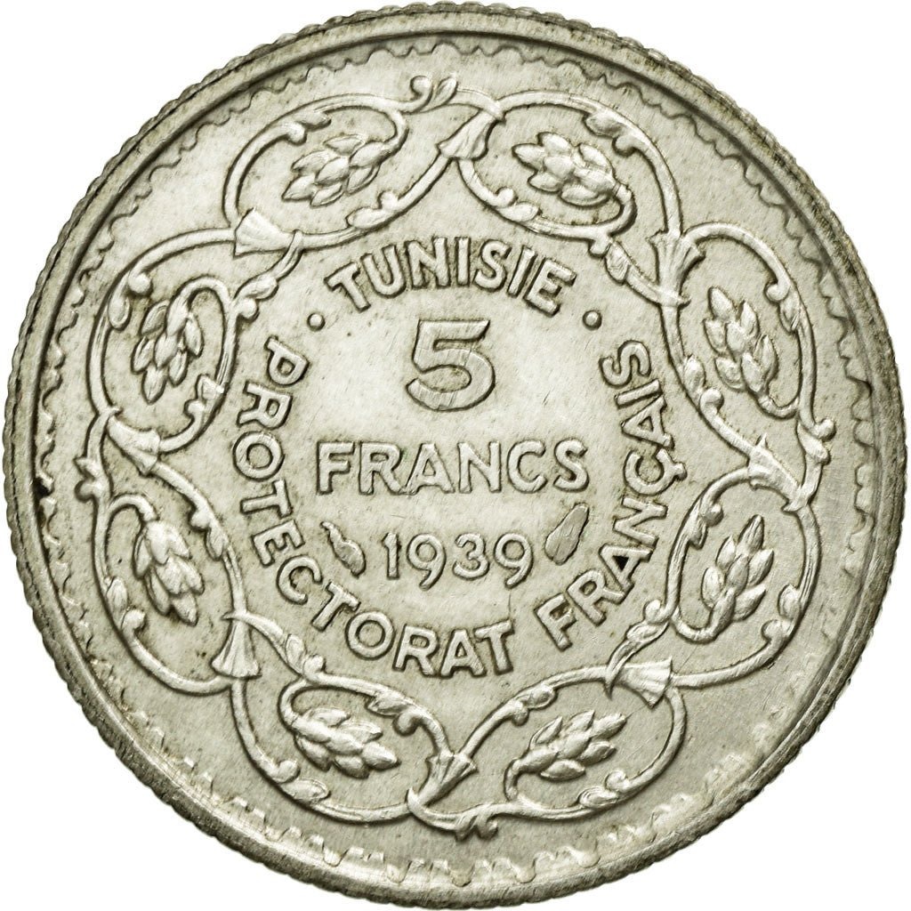 Coin, Tunisia, Ahmad Pasha Bey, 5 Francs, 1939, Paris, MS(60-62), Silver, KM:264