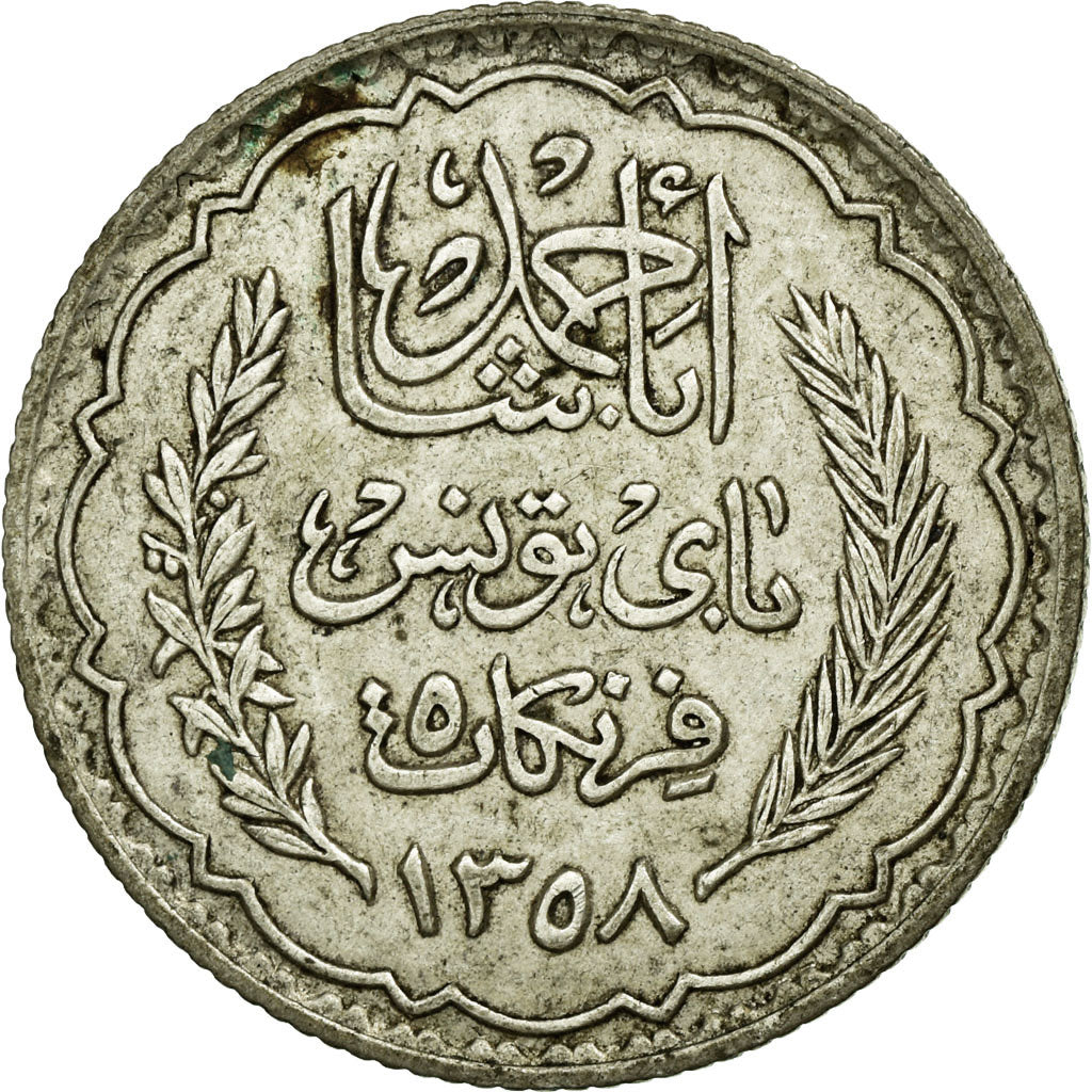Coin, Tunisia, Ahmad Pasha Bey, 5 Francs, 1939, Paris, AU(50-53), Silver, KM:264