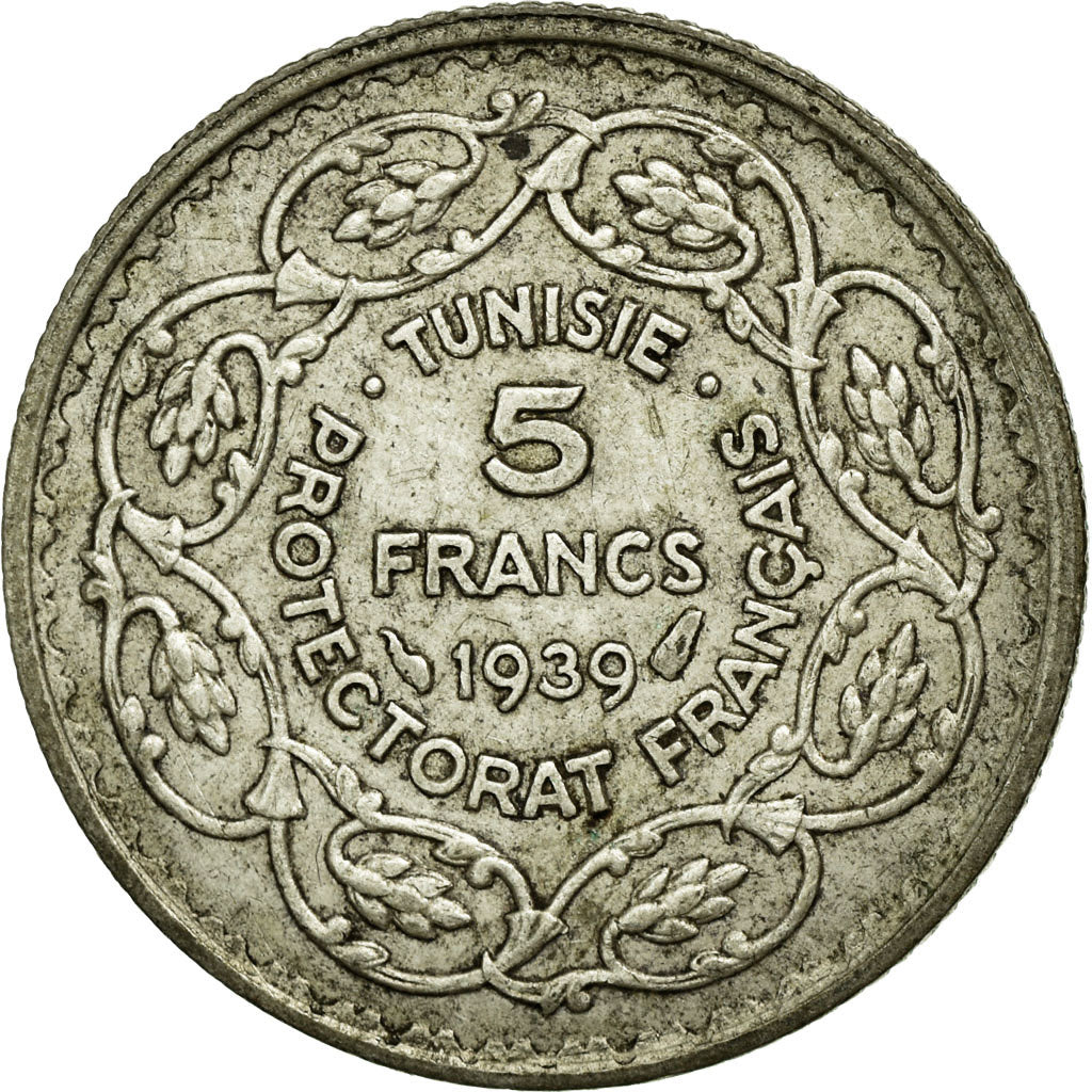 Coin, Tunisia, Ahmad Pasha Bey, 5 Francs, 1939, Paris, AU(50-53), Silver, KM:264