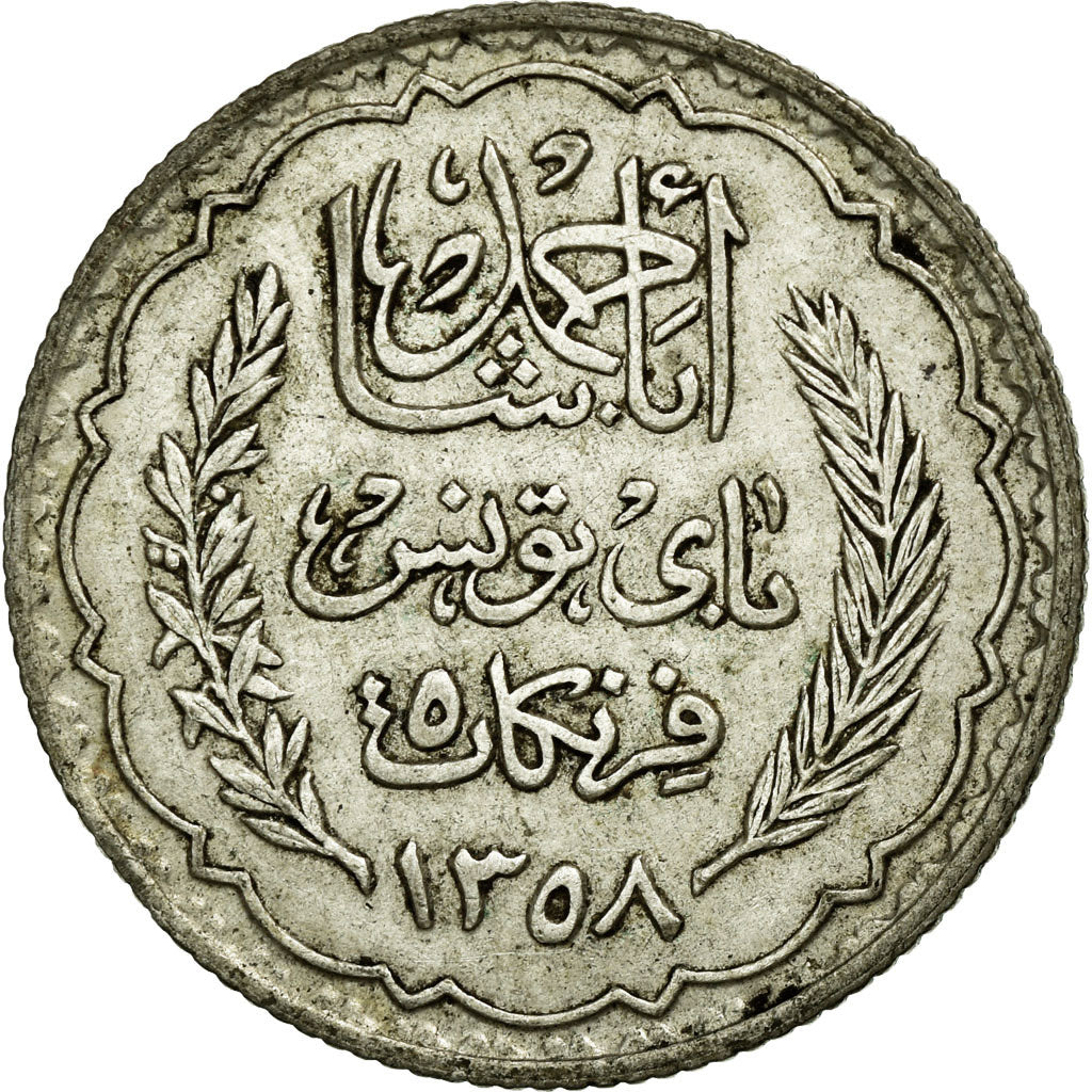 Coin, Tunisia, Ahmad Pasha Bey, 5 Francs, 1939, Paris, AU(50-53), Silver, KM:264