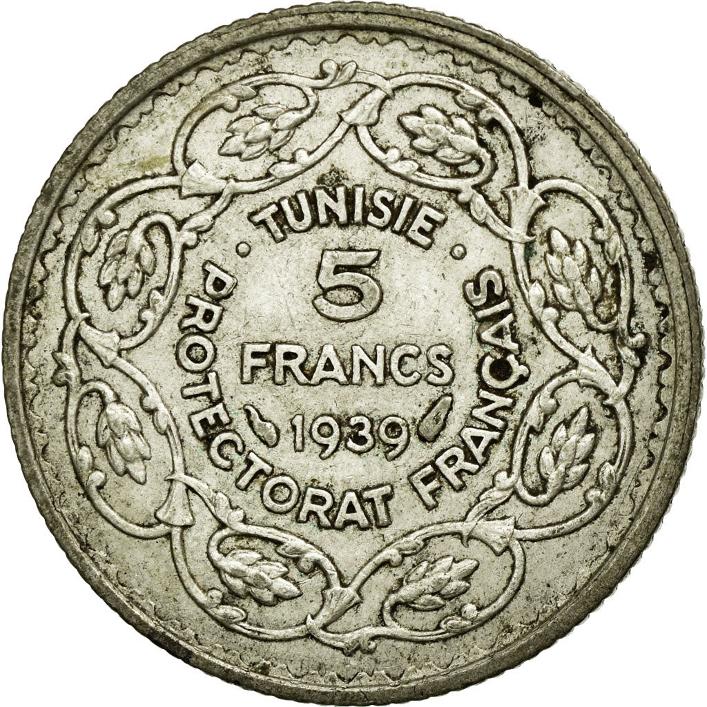 Coin, Tunisia, Ahmad Pasha Bey, 5 Francs, 1939, Paris, AU(50-53), Silver, KM:264