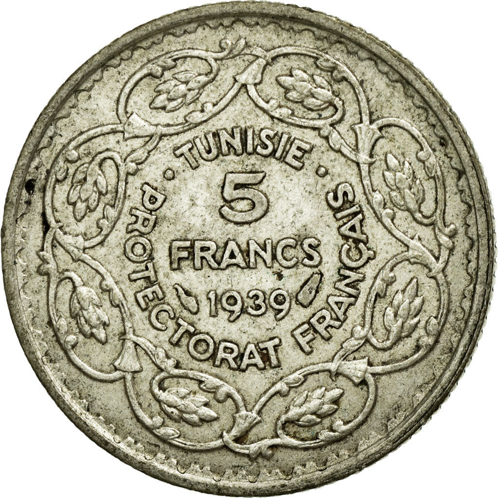Coin, Tunisia, Ahmad Pasha Bey, 5 Francs, 1939, Paris, EF(40-45), Silver, KM:264