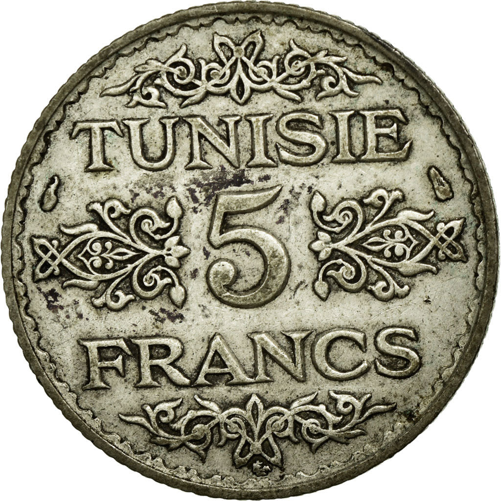 Moneta, Tunisia, Ahmad Pasha Bey, 5 Francs, 1934, Paris, MB+, Argento, KM:261