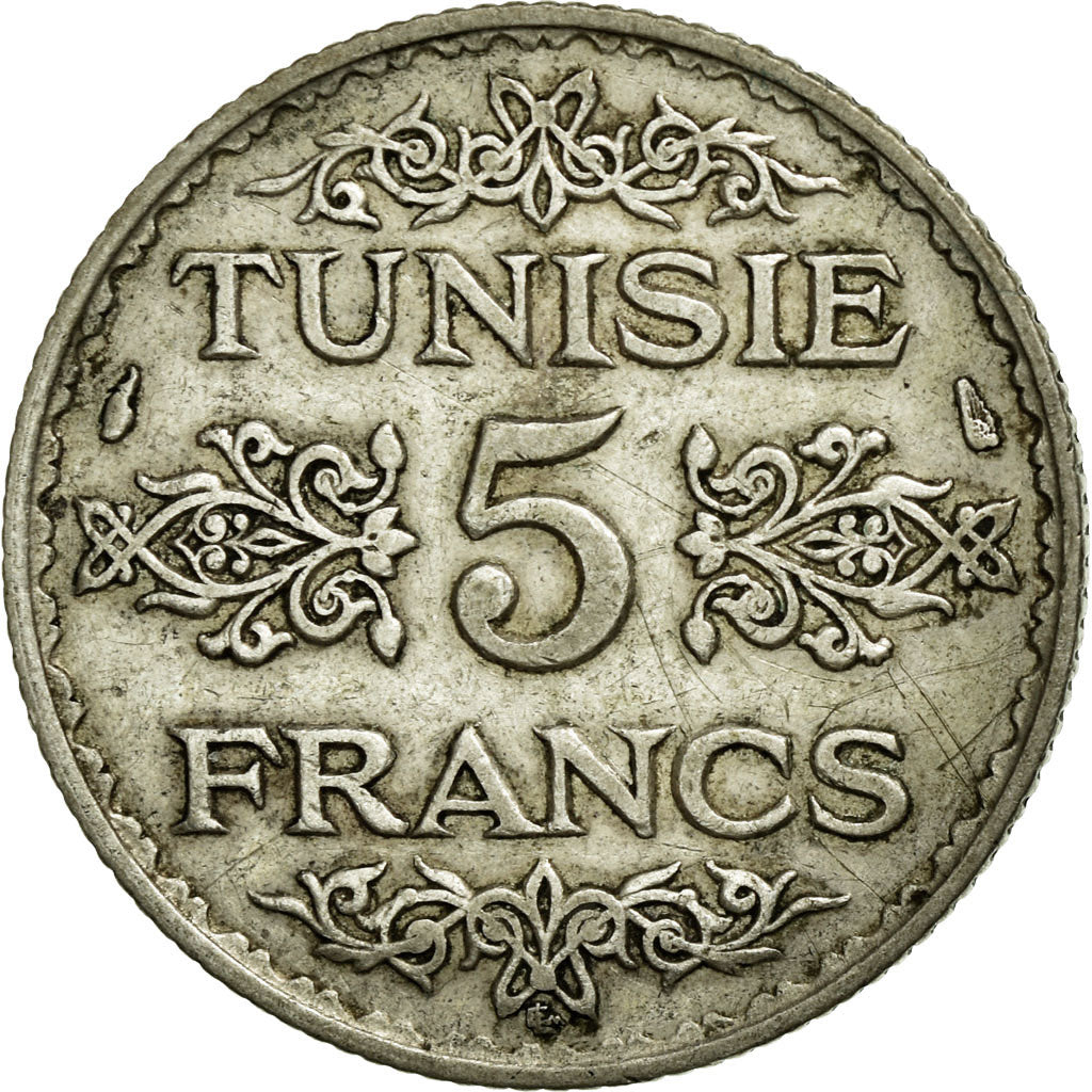 Coin, Tunisia, Ahmad Pasha Bey, 5 Francs, 1936, Paris, AU(55-58), Silver, KM:261