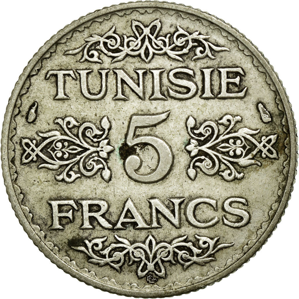 Coin, Tunisia, Ahmad Pasha Bey, 5 Francs, 1936, Paris, AU(55-58), Silver, KM:261