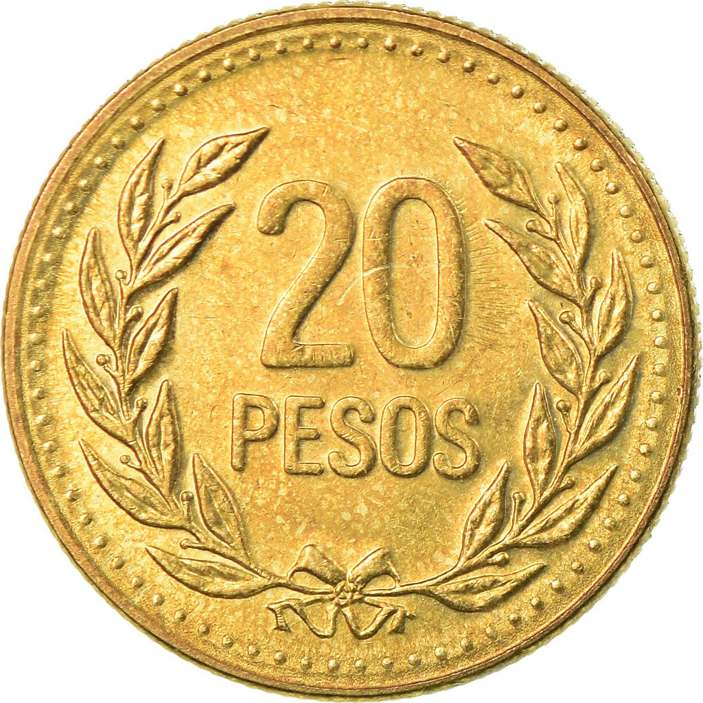 Moneta, Colombia, 20 Pesos, 1990, AU(55-58), Aluminium-Brąz, KM:282.1