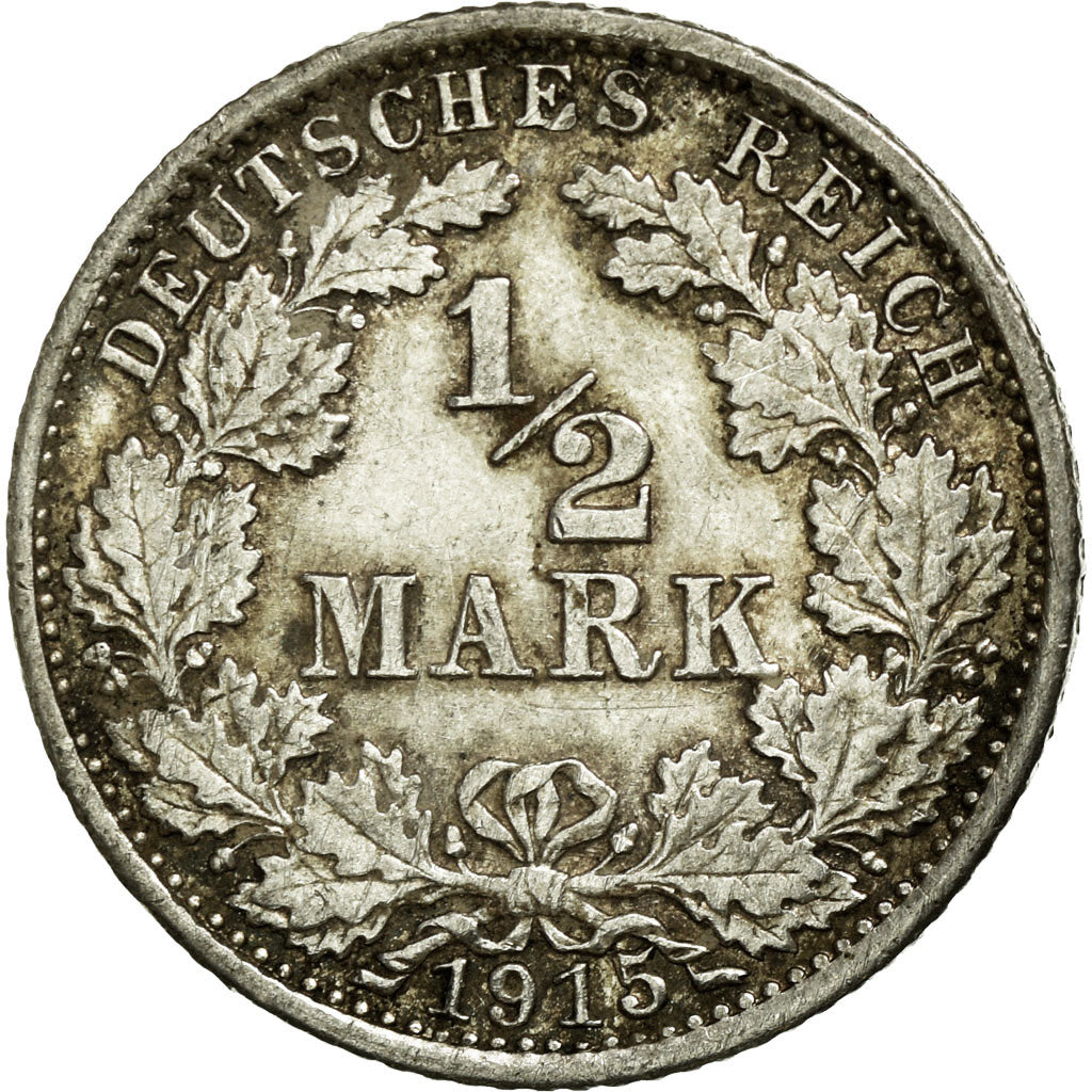 Coin, GERMANY - EMPIRE, 1/2 Mark, 1915, Karlsruhe, AU(50-53), Silver, KM:17