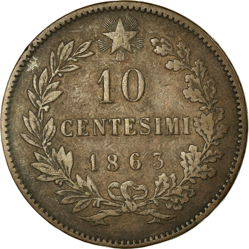 Moeda, Itália, Vittorio Emanuele II, 10 Centesimi, 1863, EF(40-45), Cobre